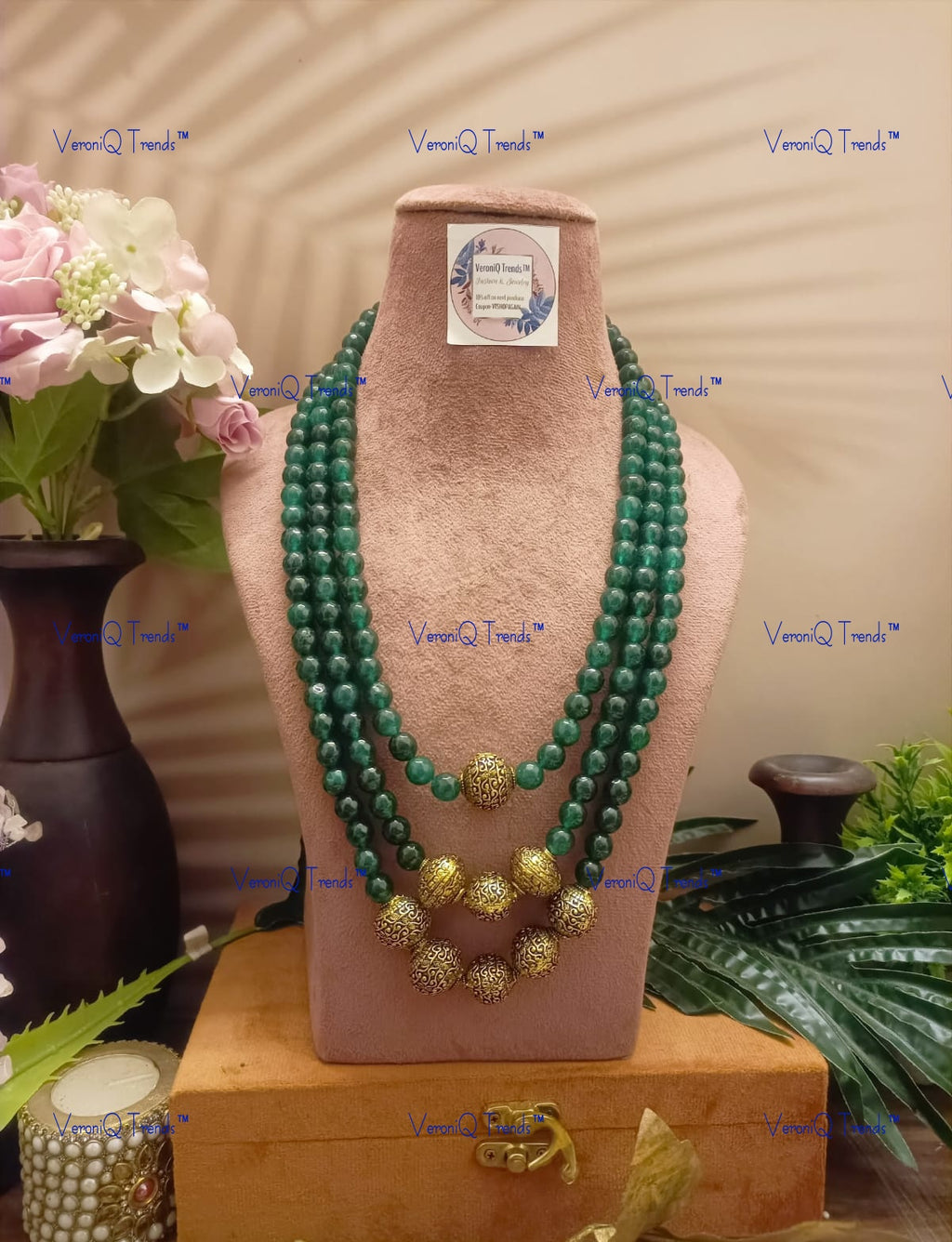 VeroniQ Trends-Designer Multistrand Green Beaded Kundan Mala Necklace Kundan-Gold Plated-Wedding Jewellery-Punjabi Jewellery-South Indian-Thappa Jewellery