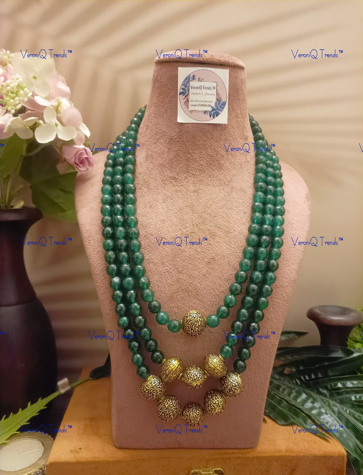 VeroniQ Trends-Designer Multistrand Green Beaded Kundan Mala Necklace Kundan-Gold Plated-Wedding Jewellery-Punjabi Jewellery-South Indian-Thappa Jewellery