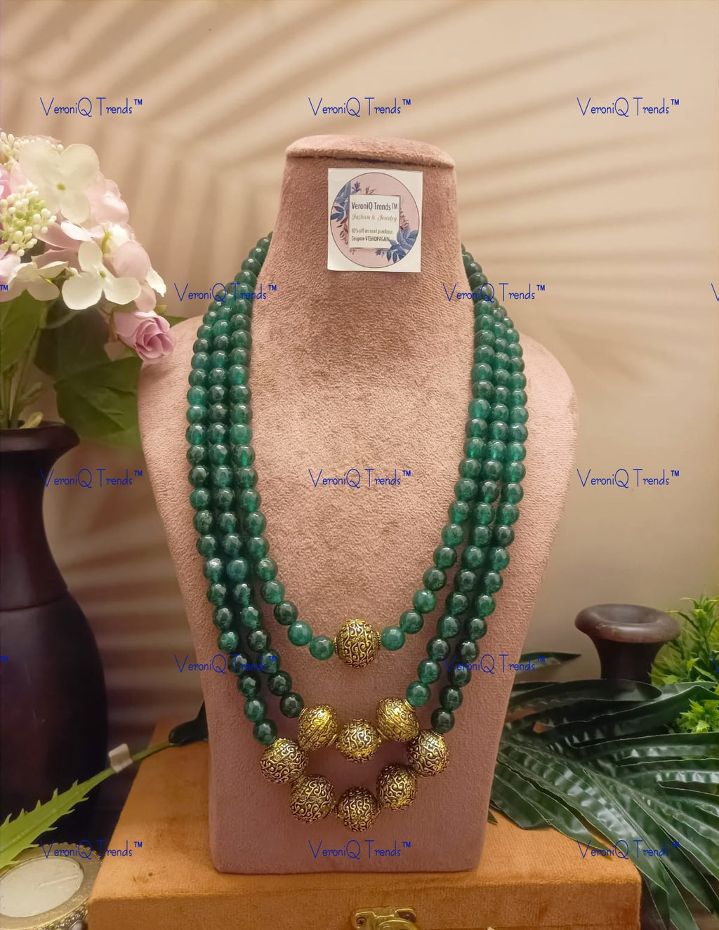VeroniQ Trends-Designer Multistrand Green Beaded Kundan Mala Necklace Kundan-Gold Plated-Wedding Jewellery-Punjabi Jewellery-South Indian-Thappa Jewellery