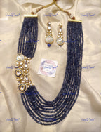 VeroniQ Trends-Party Multistrand Blue Beaded Kundan Mala Necklace Kundan-Gold Plated-Wedding Jewelry-Punjabi Jewelry-South Indian-Thappa Jewelry