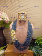 VeroniQ Trends-Party Multistrand Blue Beaded Kundan Mala Necklace Kundan-Gold Plated-Wedding Jewelry-Punjabi Jewelry-South Indian-Thappa Jewelry