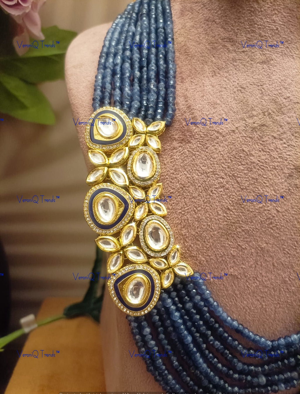 VeroniQ Trends-Party Multistrand Blue Beaded Kundan Mala Necklace Kundan-Gold Plated-Wedding Jewellery-Punjabi Jewellery-South Indian-Thappa Jewellery
