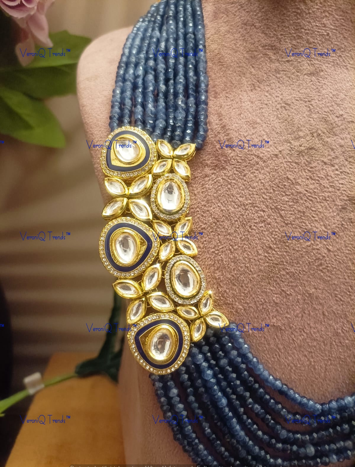 VeroniQ Trends-Party Multistrand Blue Beaded Kundan Mala Necklace Kundan-Gold Plated-Wedding Jewellery-Punjabi Jewellery-South Indian-Thappa Jewellery
