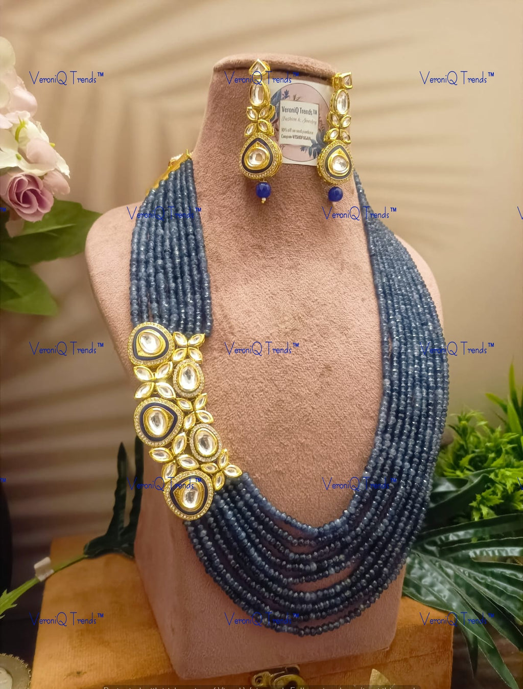 VeroniQ Trends-Party Multistrand Blue Beaded Kundan Mala Necklace Kundan-Gold Plated-Wedding Jewellery-Punjabi Jewellery-South Indian-Thappa Jewellery