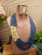 VeroniQ Trends-Party Multistrand Blue Beaded Kundan Mala Necklace Kundan-Gold Plated-Wedding Jewelry-Punjabi Jewelry-South Indian-Thappa Jewelry