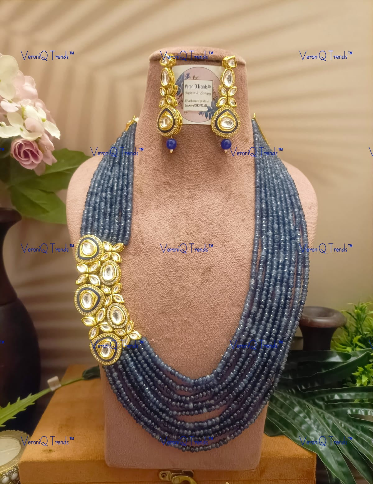 VeroniQ Trends-Party Multistrand Blue Beaded Kundan Mala Necklace Kundan-Gold Plated-Wedding Jewellery-Punjabi Jewellery-South Indian-Thappa Jewellery