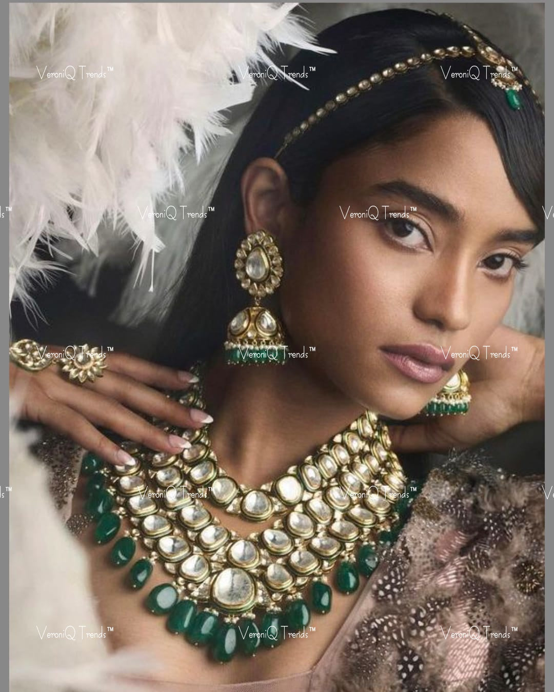 VeroniQ Trends-Bridal Multilayer Kundan and Strawberry Quartz Necklace with Earrings and Matha Patti Kundan-Gold Plated-Wedding Jewellery-Punjabi Jewellery-South Indian-Thappa Jewellery