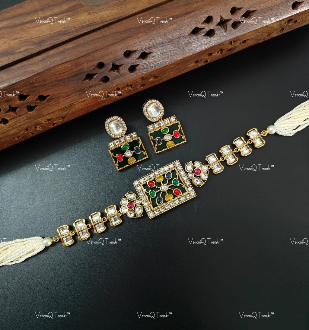 VeroniQ Trends-Multistrand Pearl Craving Polki Choker Necklace Polki-Gold Plated-Wedding Jewellery-Punjabi Jewellery-South Indian-Thappa Jewellery