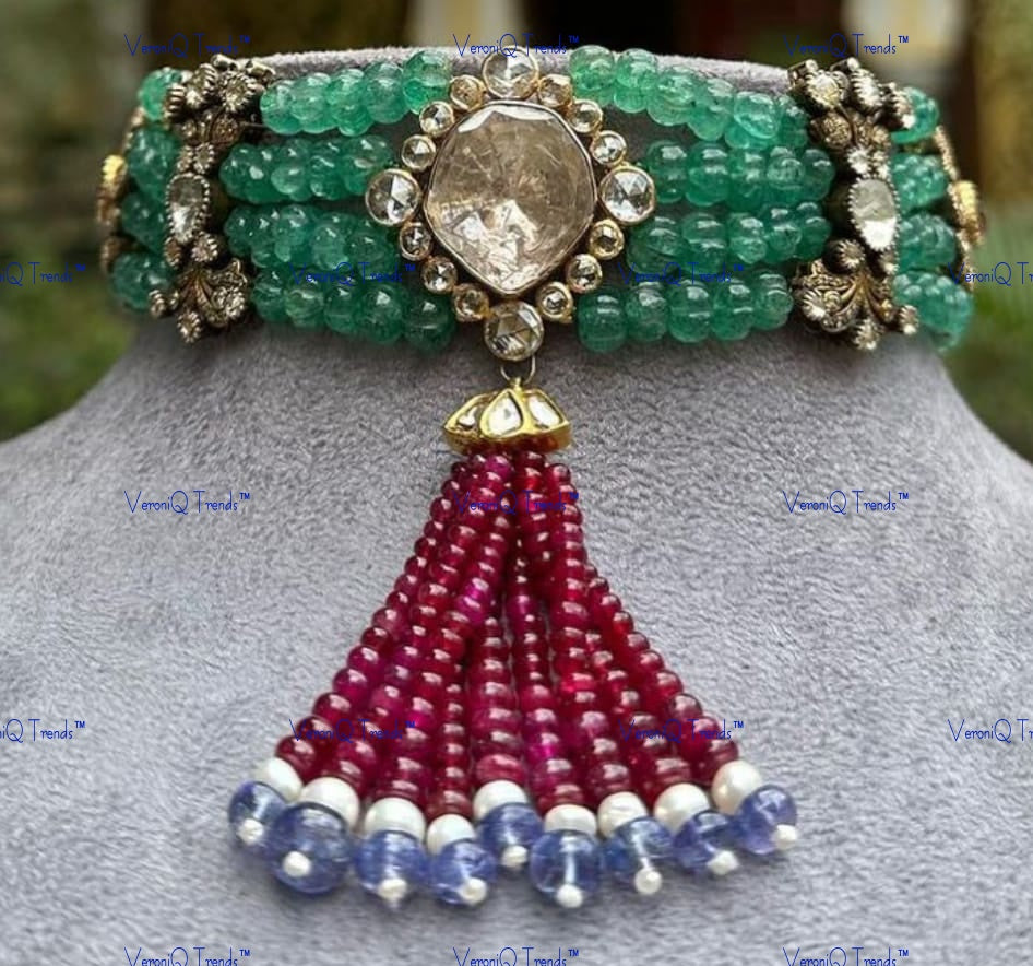 VeroniQ Trends-Tourmalines With Pachi Kundan Choker Necklace Pachi Kundan-Gold Plated-Wedding Jewellery-Punjabi Jewellery-South Indian-Thappa Jewellery