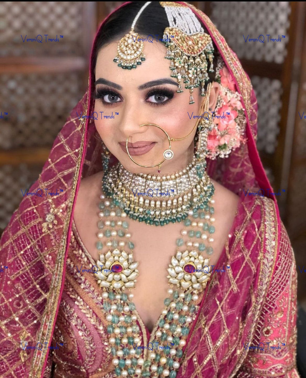 VeroniQ Trends-Royal Bridal Emerald Green Beads Pachi Kundan Gold Plated Choker and Long Necklace with Earrings Tikka Nath Passa Pachi-Gold Plated-Wedding Jewellery-Punjabi Jewellery-South Indian-Thappa Jewellery