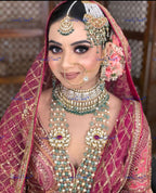 VeroniQ Trends-Royal Bridal Emerald Green Beads Pachi Kundan Gold Plated Choker and Long Necklace with Earrings Tikka Nath Passa Pachi-Gold Plated-Wedding Jewelry-Punjabi Jewelry-South Indian-Thappa Jewelry