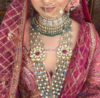 VeroniQ Trends-Royal Bridal Emerald Green Beads Pachi Kundan Gold Plated Choker and Long Necklace with Earrings Tikka Nath Passa Pachi-Gold Plated-Wedding Jewelry-Punjabi Jewelry-South Indian-Thappa Jewelry