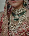VeroniQ Trends-Bridal Pearl and Kundan Choker and Double Line Mid Length Necklace with Emerald Green Beads Kundan-Gold Plated-Wedding Jewellery-Punjabi Jewellery-South Indian-Thappa Jewellery