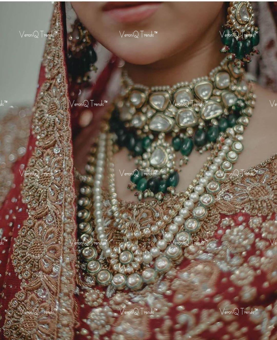 VeroniQ Trends-Bridal Pearl and Kundan Choker and Double Line Mid Length Necklace with Emerald Green Beads Kundan-Gold Plated-Wedding Jewellery-Punjabi Jewellery-South Indian-Thappa Jewellery