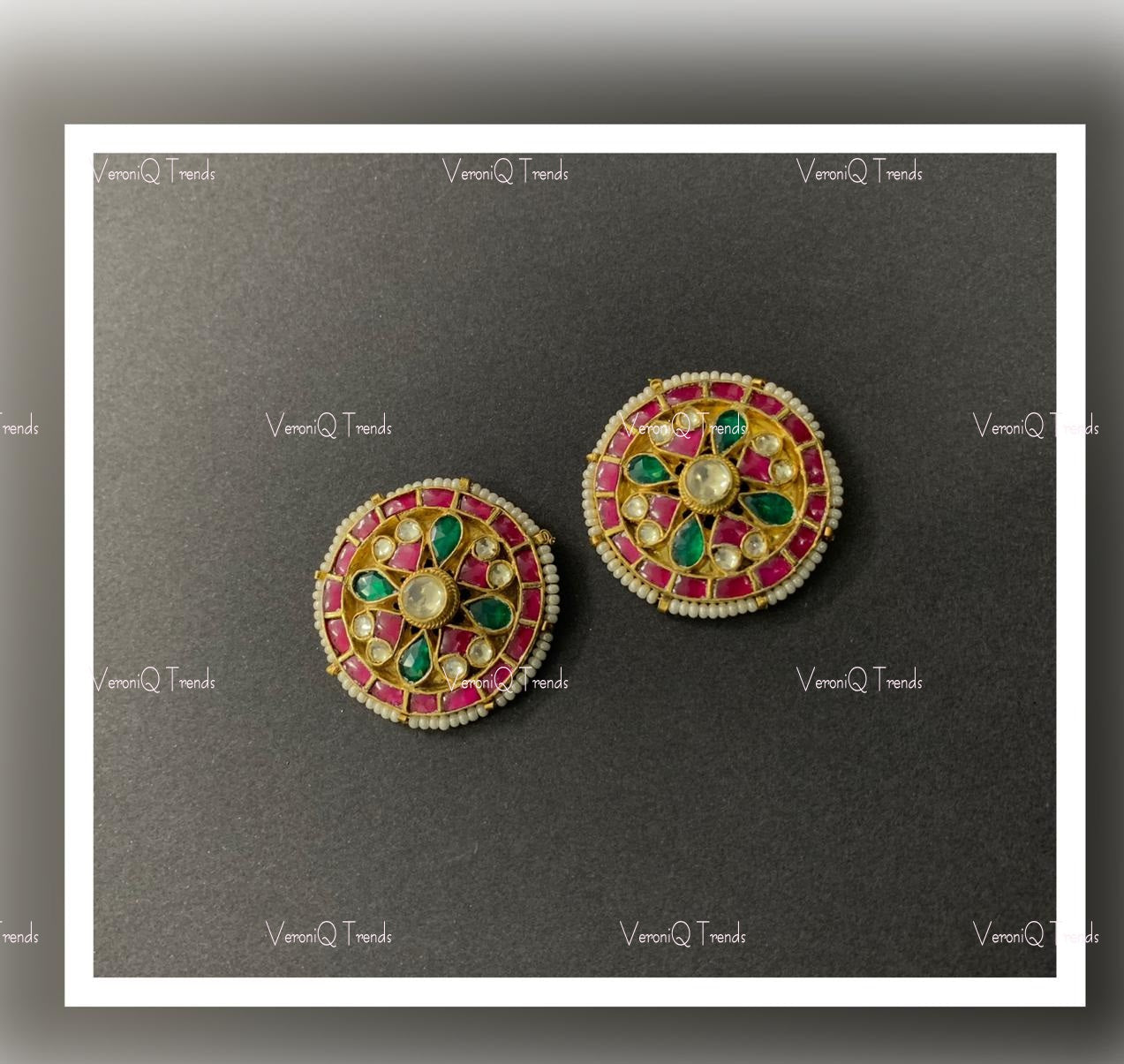 VeroniQ Trends-Designer Kemp Stone Gold Plated Pachi Kundan Studs Earrings Pachi Kundan-Gold Plated-Wedding Jewellery-Punjabi Jewellery-South Indian-Thappa Jewellery