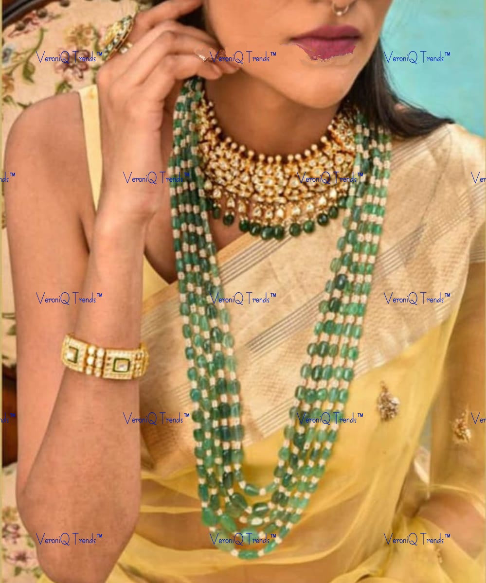 VeroniQ Trends-Bridal Emerald Green Beads Multistrand Long Necklace and Pachi Green Beads Choker Necklace Pachi-Gold Plated-Wedding Jewellery-Punjabi Jewellery-South Indian-Thappa Jewellery