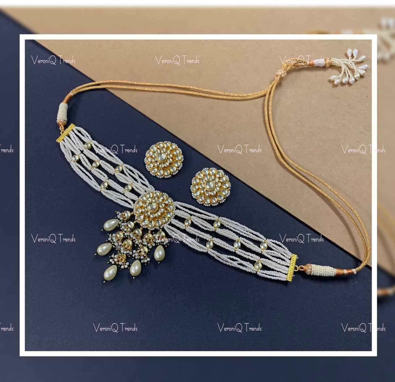 VeroniQ Trends-Royal Multistrand Gold Plated Peral and Pachi Kundan Choker Necklace Pachi Kundan-Gold Plated-Wedding Jewellery-Punjabi Jewellery-South Indian-Thappa Jewellery