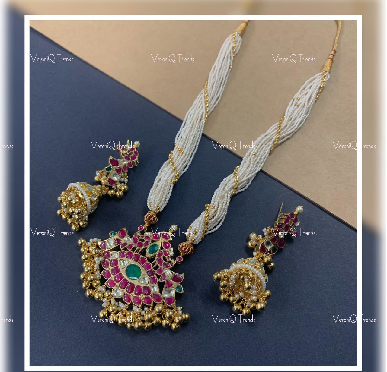 VeroniQ Trends-Multistrand Pearl Gold Plated Kemp Stone Pachi Kundan Necklace Pachi Kundan-Gold Plated-Wedding Jewellery-Punjabi Jewellery-South Indian-Thappa Jewellery
