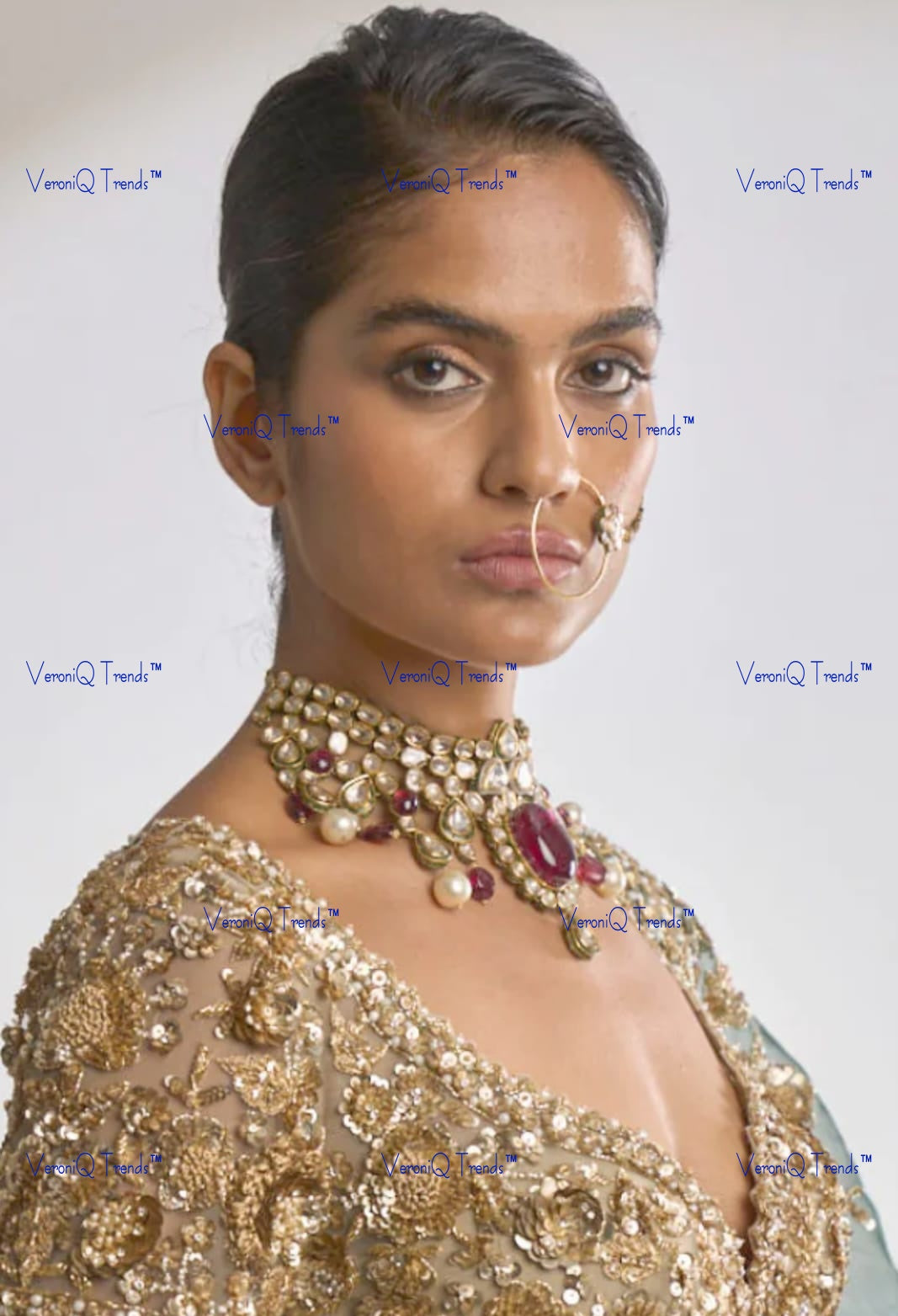 VeroniQ Trends-Royal Bridal Ruby and Pachi Choker Necklace With Nath Pachi-Ruby Stone-Gold Plated-Wedding Jewellery-Punjabi Jewellery-South Indian-Thappa Jewellery