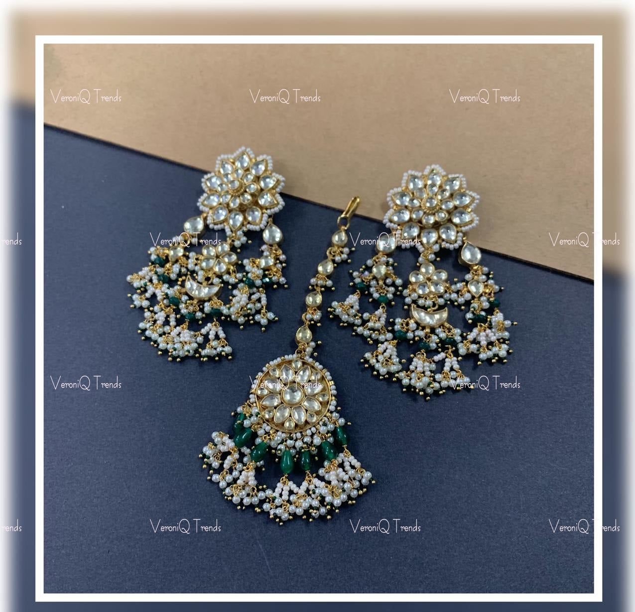 VeroniQ Trends-Rajwadi Style Gold Plated Pachi Kundan Maang Tika And Earrings Set Pachi Kundan-Gold Plated-Wedding Jewellery-Punjabi Jewellery-South Indian-Thappa Jewellery