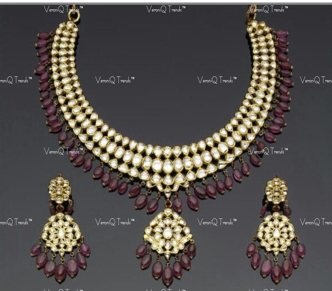 VeroniQ Trends-Traditional Gold Plated Kundan Jadau Pachi Kundan With Red Beads Necklace Pachi Kundan-Gold Plated-Wedding Jewellery-Punjabi Jewellery-South Indian-Thappa Jewellery