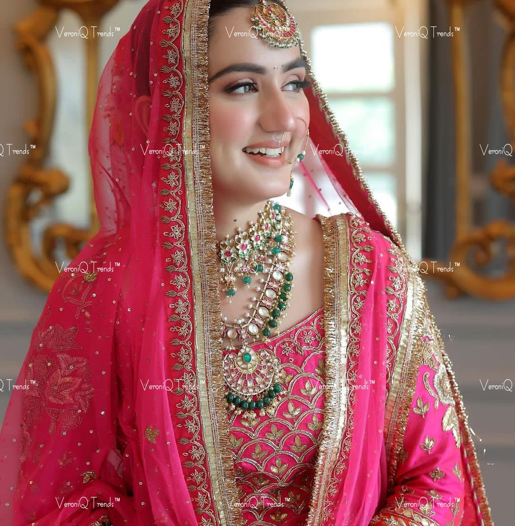 VeroniQ Trends-Bridal Pachi Choker and Long Necklace with Maang Tikka and Earrings Pachi-Gold Plated-Wedding Jewellery-Punjabi Jewellery-South Indian-Thappa Jewellery
