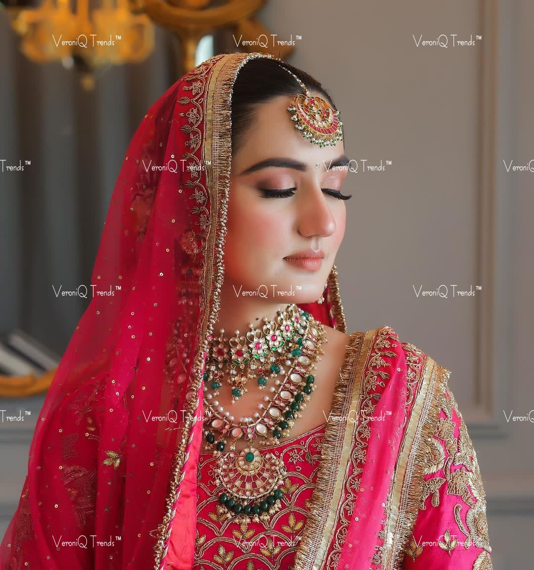VeroniQ Trends-Bridal Pachi Choker and Long Necklace with Maang Tikka and Earrings Pachi-Gold Plated-Wedding Jewellery-Punjabi Jewellery-South Indian-Thappa Jewellery