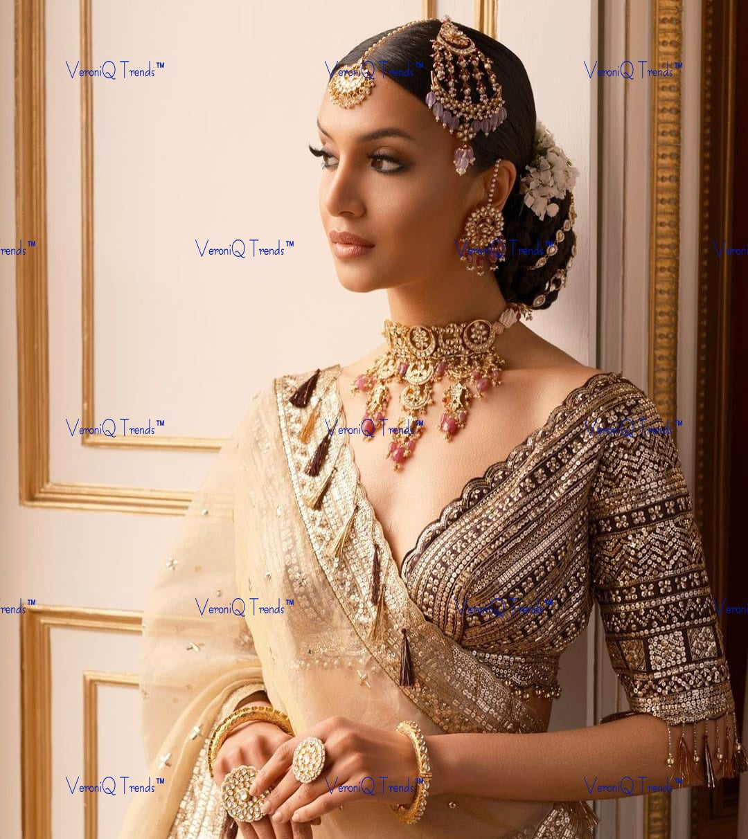 VeroniQ Trends-Bridal Pachi Choker Chandbali Necklace with Earrings Maang Tikka and Passa Pachi-Gold Plated-Wedding Jewellery-Punjabi Jewellery-South Indian-Thappa Jewellery