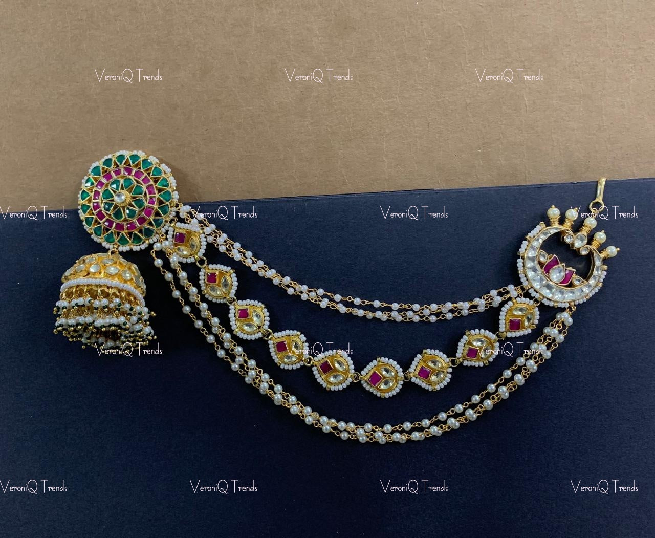 VeroniQ Trends-Bahubali Style Gold Plated Kemp Stone Pachi Kundan Earrings Pachi Kundan-Gold Plated-Wedding Jewellery-Punjabi Jewellery-South Indian-Thappa Jewellery