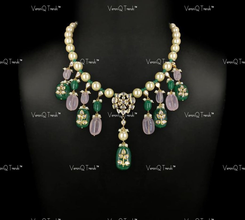 VeroniQ Trends-Cocktail Party Pachi Necklace with Pearl Rose Quartz and Beryls Pachi-Fresh Water Pearl-Gold Plated-Wedding Jewellery-Punjabi Jewellery-South Indian-Thappa Jewellery