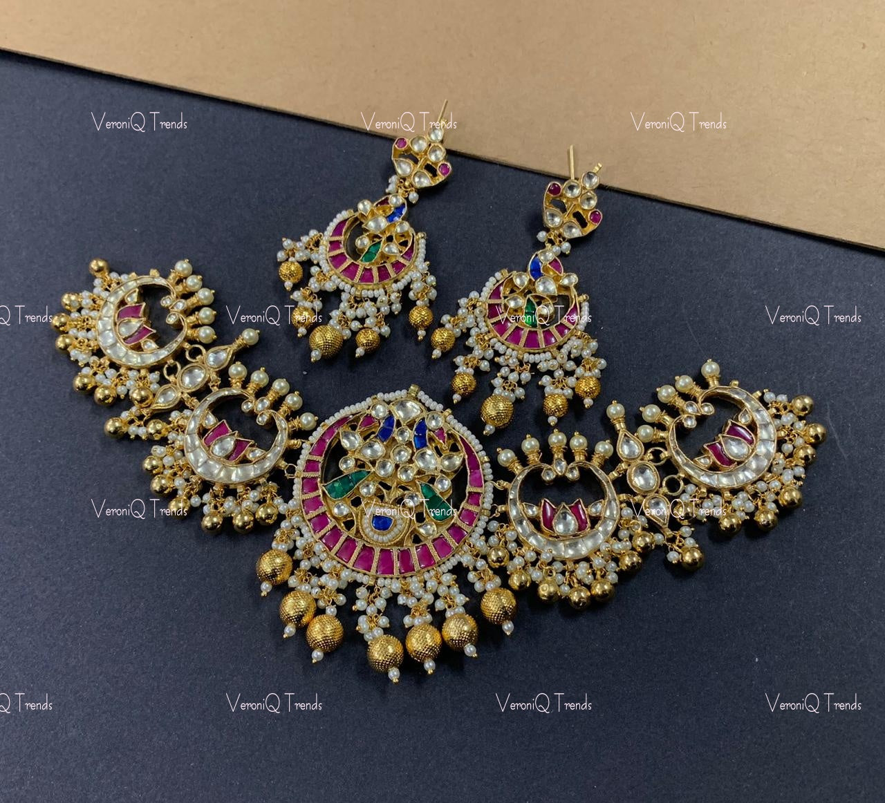 VeroniQ Trends-Peacock Design Gold Plated Kemp Stone Pachi Kundan Chandbali Choker Necklace Pachi Kundan-Gold Plated-Wedding Jewellery-Punjabi Jewellery-South Indian-Thappa Jewellery