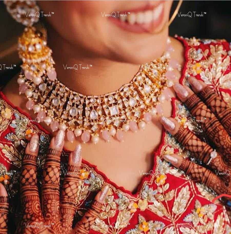VeroniQ Trends-Traditional Gold Plated Pachi Choker Necklace with Rose Quartz Pachi-Gold Plated-Wedding Jewellery-Punjabi Jewellery-South Indian-Thappa Jewellery