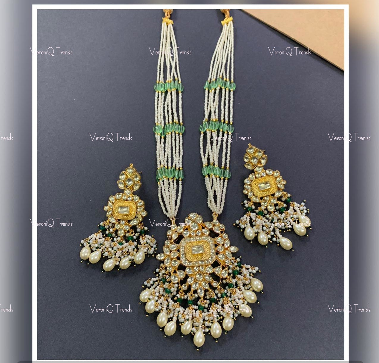 VeroniQ Trends-Multistrand Gold Plated Pearl And Pachi Kundan Rani Haar Necklace Pachi Kundan-Gold Plated-Wedding Jewellery-Punjabi Jewellery-South Indian-Thappa Jewellery