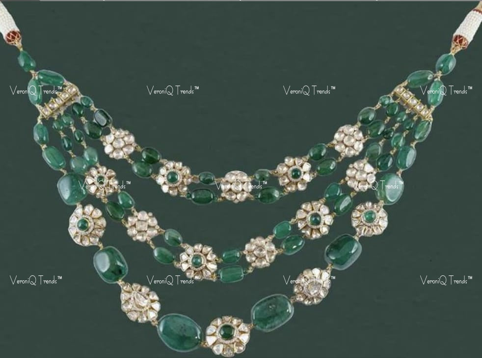 VeroniQ Trends-Party Look Three Line Emerald Green Beads Pachi Necklace Pachi-Gold Plated-Wedding Jewellery-Punjabi Jewellery-South Indian-Thappa Jewellery