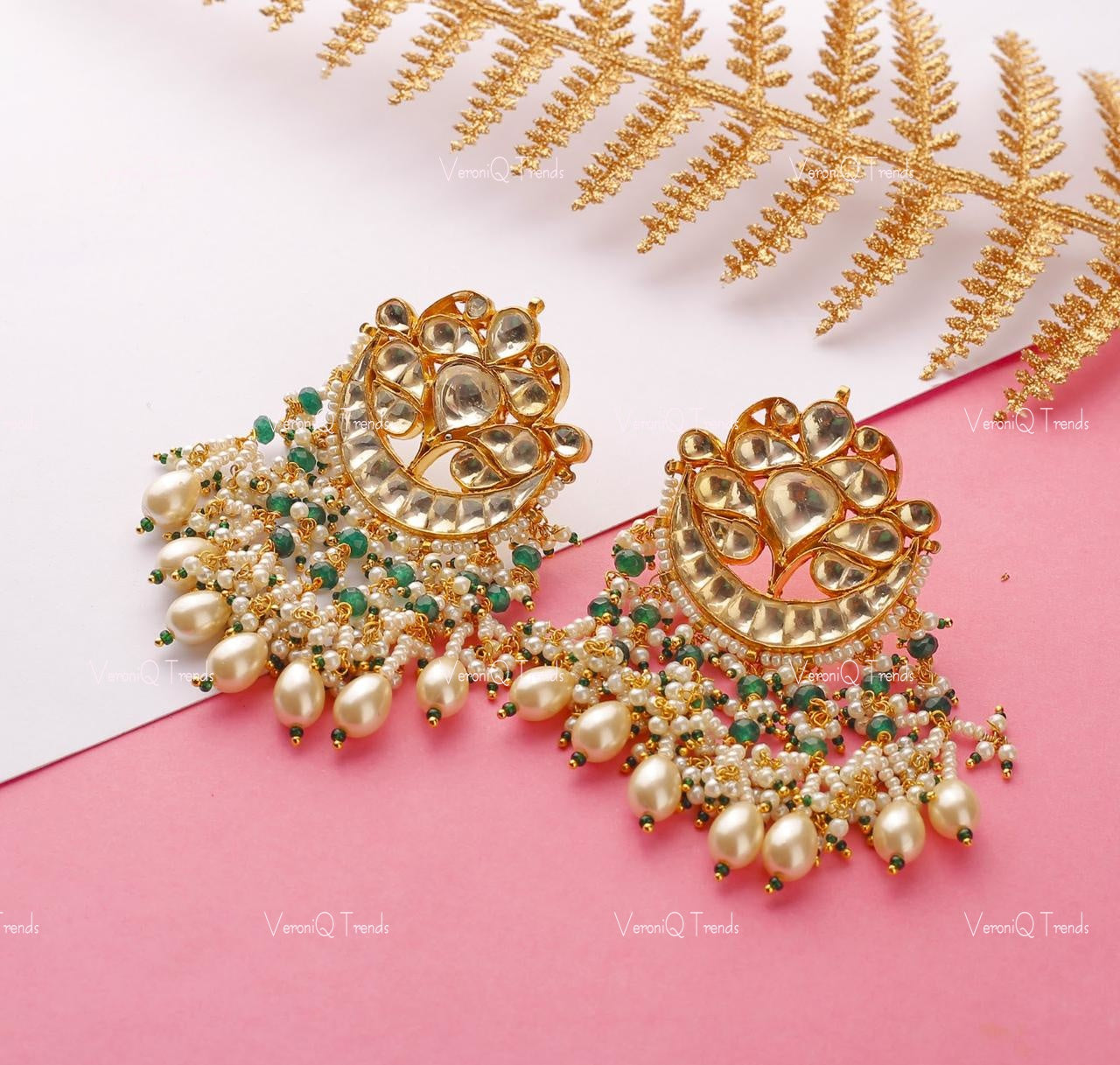 VeroniQ Trends-Chandbali Style Gold Plated Pearl Pachi Kundan Earrings Pachi Kundan-Gold Plated-Wedding Jewellery-Punjabi Jewellery-South Indian-Thappa Jewellery