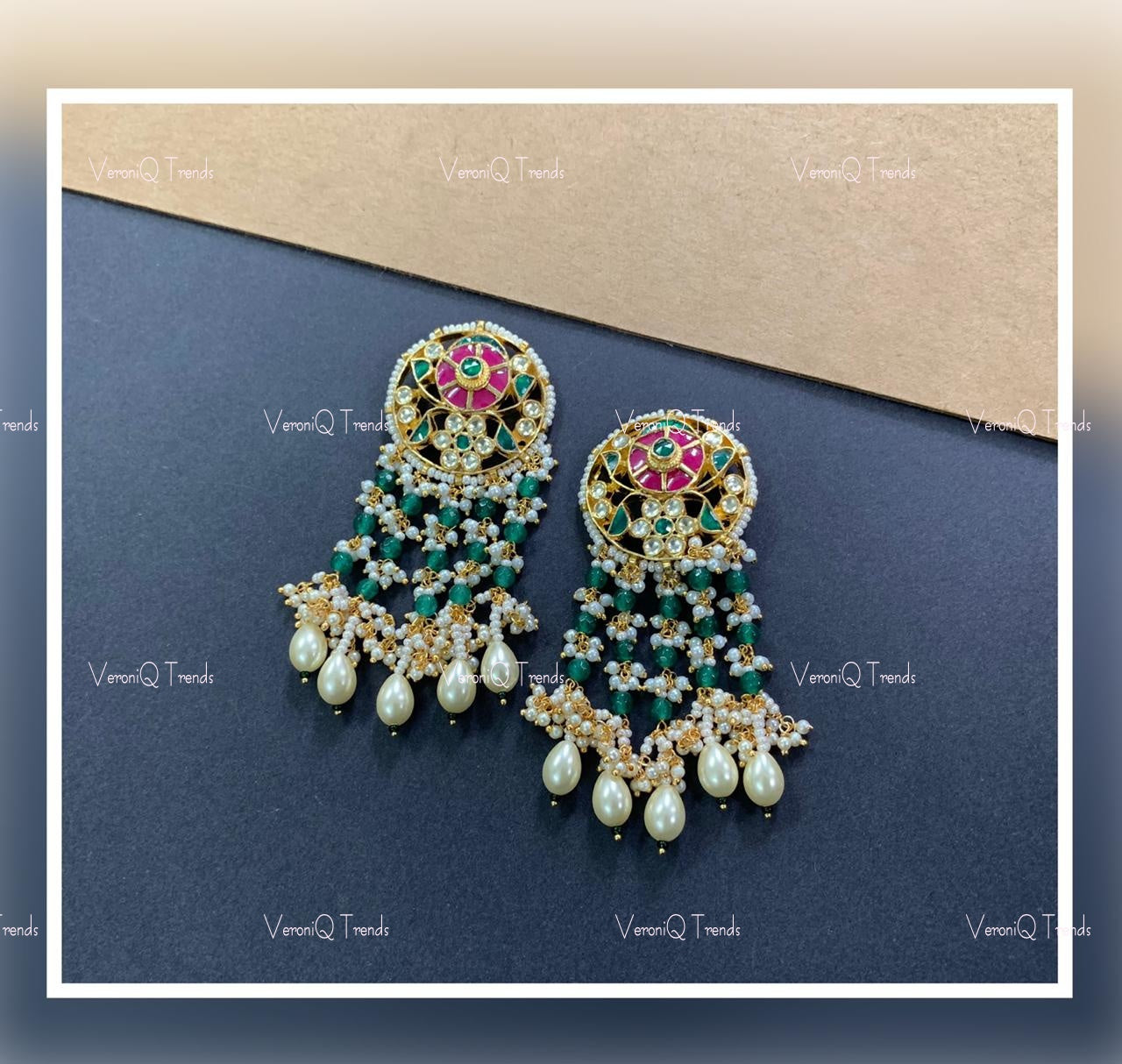 VeroniQ Trends-Gold Plated Kemp Stone Pachi Kundan Rajwadi Earrings Pachi Kundan-Gold Plated-Wedding Jewellery-Punjabi Jewellery-South Indian-Thappa Jewellery