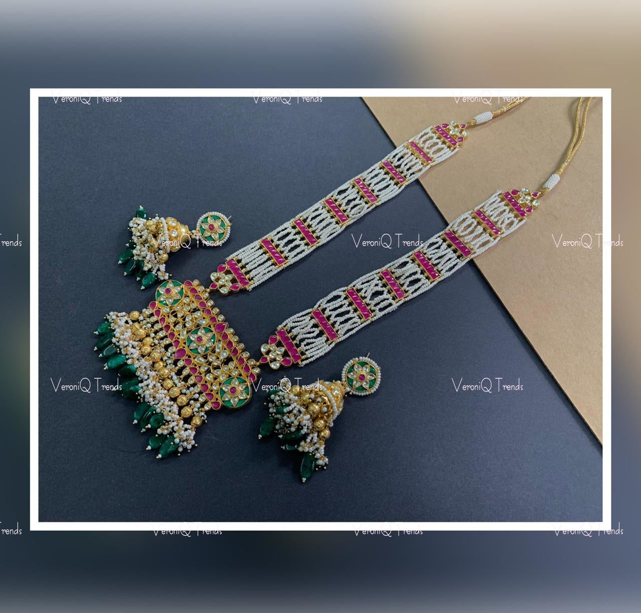 VeroniQ Trends-Traditional Multistrand Gold Plated Kemp Stone And Pachi Kundan Long Rani Haar Necklace Pachi Kundan-Gold Plated-Wedding Jewellery-Punjabi Jewellery-South Indian-Thappa Jewellery