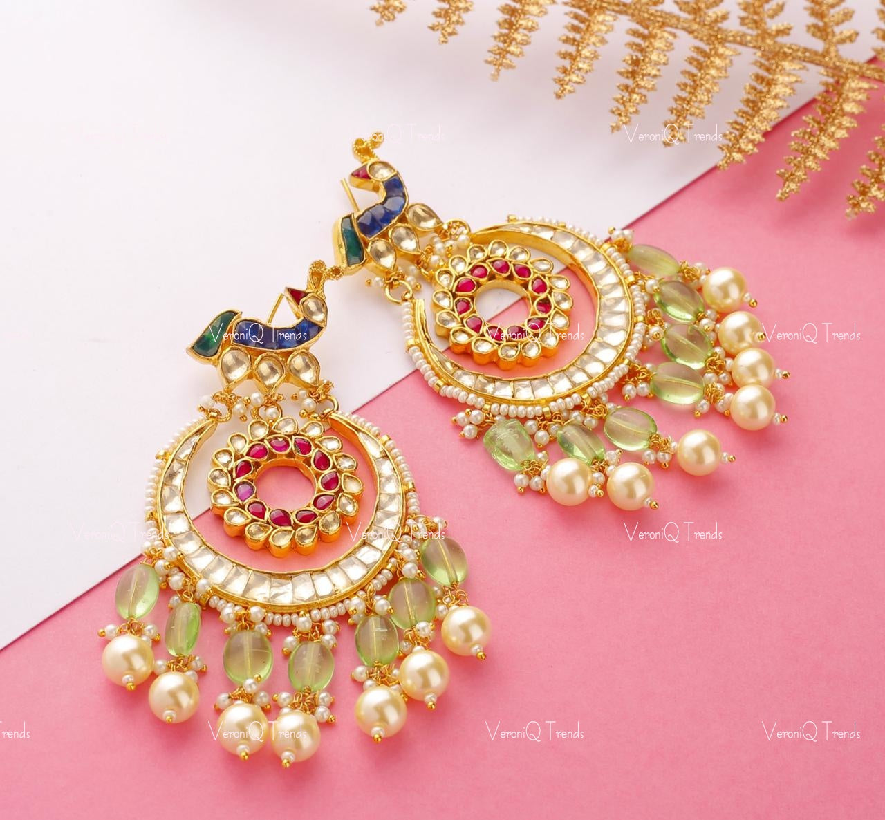 VeroniQ Trends-Peacock Design Gold Plated Pachi Kundan Chandbali Earrings Pachi Kundan-Gold Plated-Wedding Jewellery-Punjabi Jewellery-South Indian-Thappa Jewellery