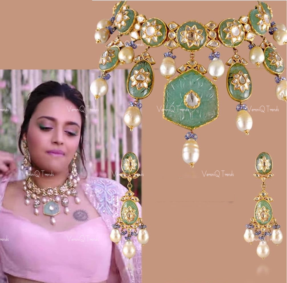 VeroniQ Trends-Royal Gold Plated Emerald Green Stone Pachi Kundan And Pearl Choker Necklace Pachi Kundan-Gold Plated-Wedding Jewellery-Punjabi Jewellery-South Indian-Thappa Jewellery