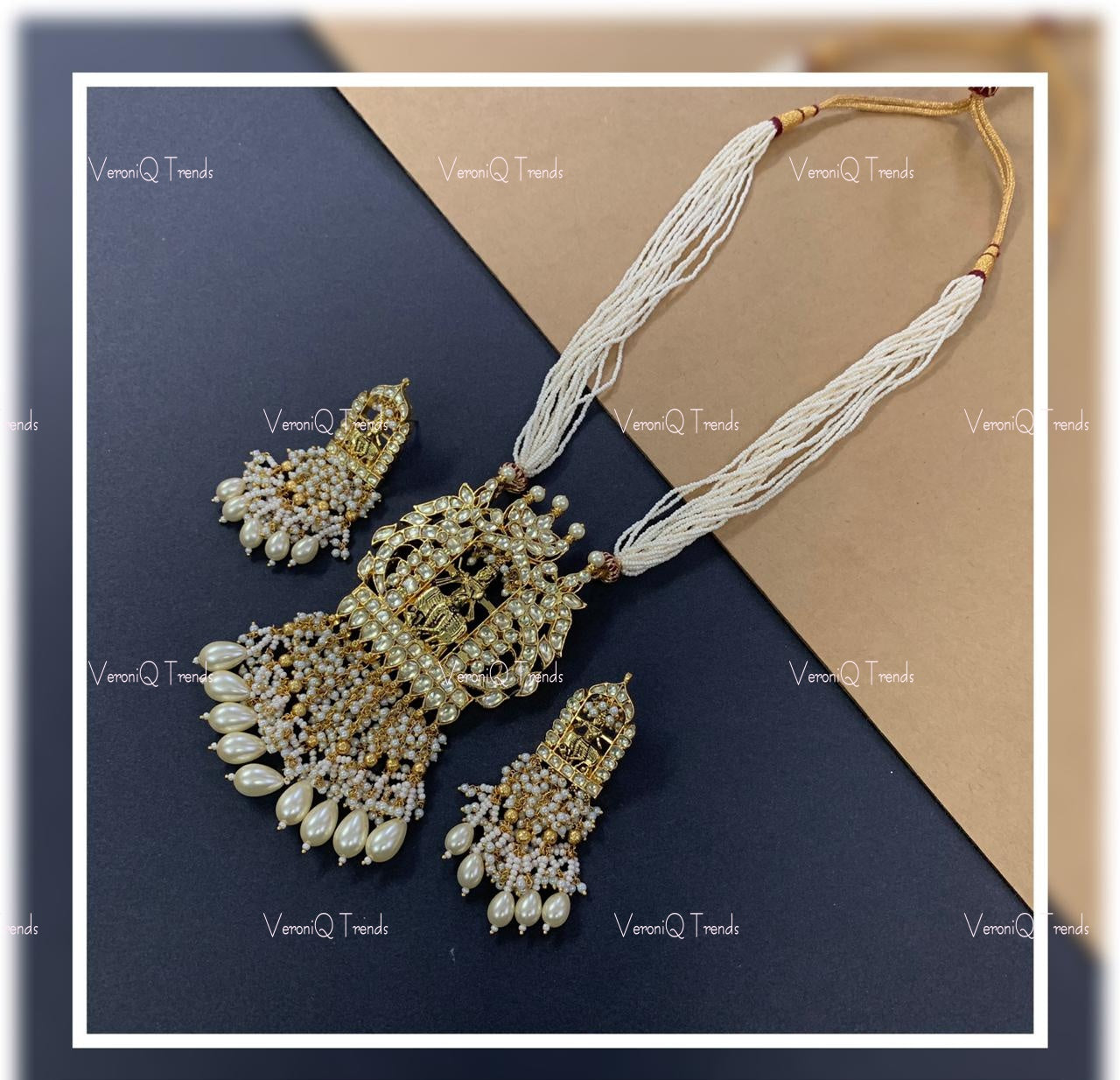 VeroniQ Trends-Temple Design Krishna Gold Plated Pachi Kundan And Pearl Long Necklace Pachi Kundan-Gold Plated-Wedding Jewellery-Punjabi Jewellery-South Indian-Thappa Jewellery