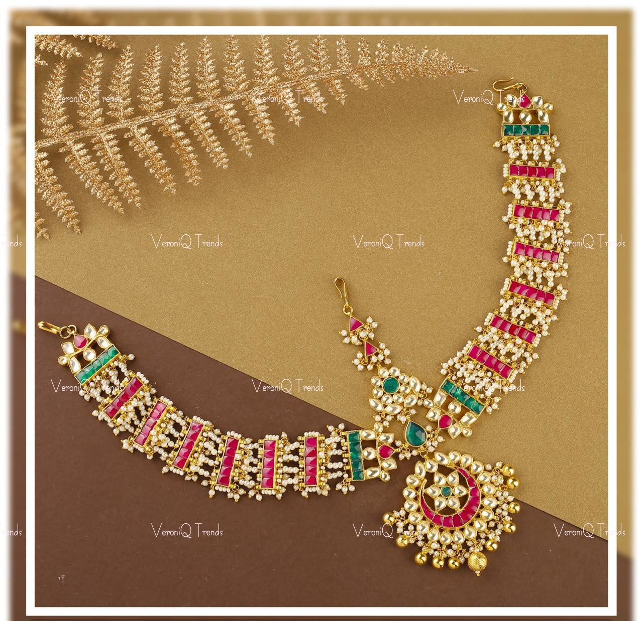 VeroniQ Trends-South Indian Style Gold Plated Pachi Kundan Kemp Stone Matha Patti Pachi Kundan-Gold Plated-Wedding Jewellery-Punjabi Jewellery-South Indian-Thappa Jewellery