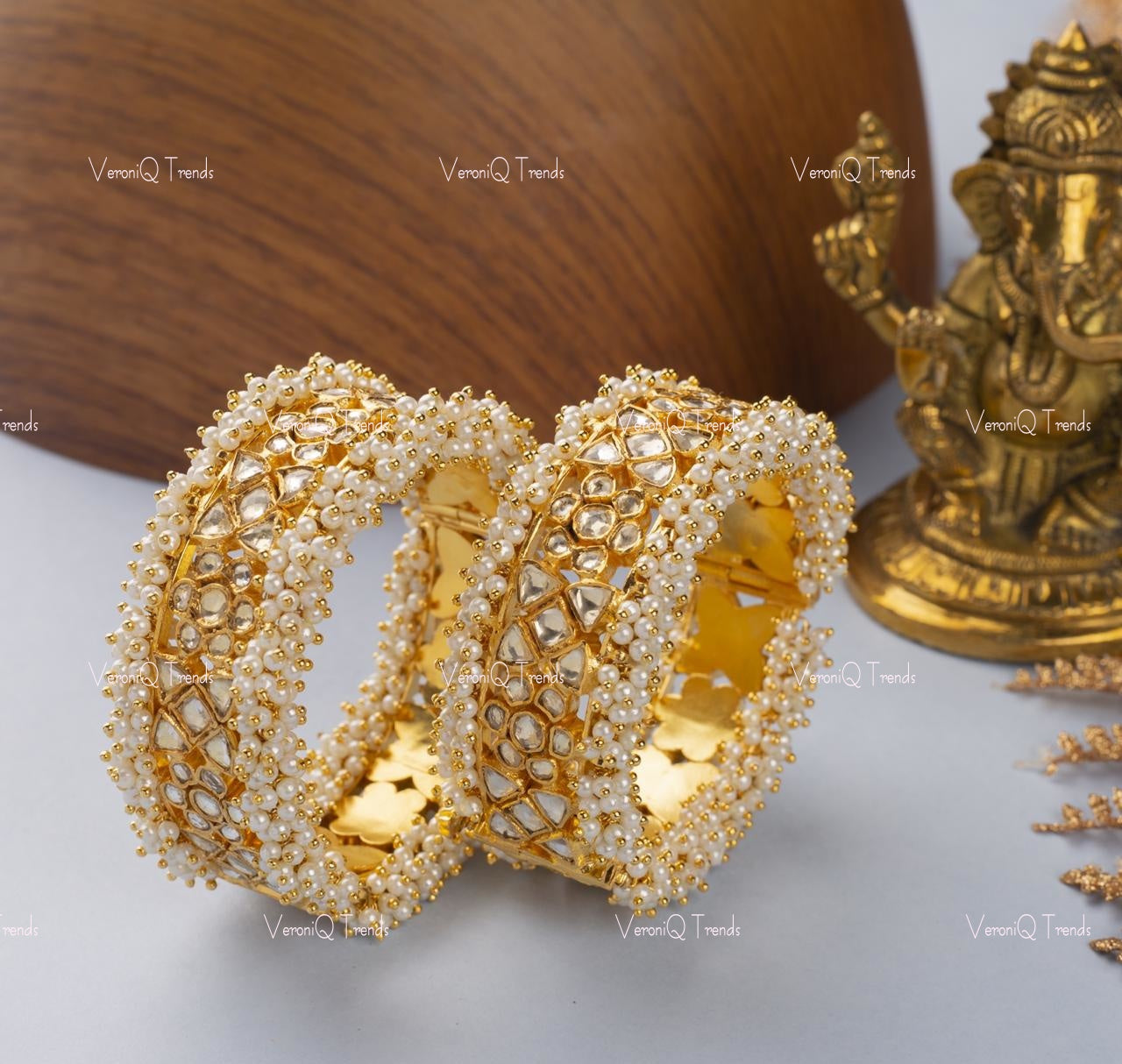 VeroniQ Trends-Gold Plated Pachi Kundan And Pearl Bangles Pachi Kundan-Gold Plated-Wedding Jewellery-Punjabi Jewellery-South Indian-Thappa Jewellery