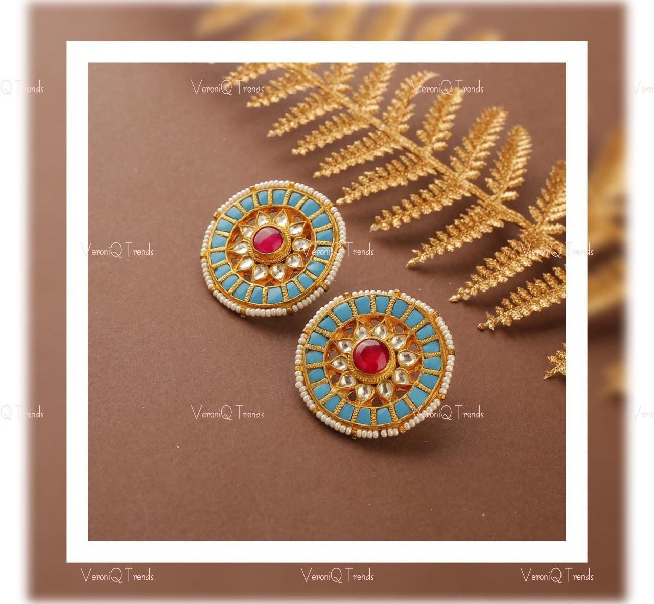 VeroniQ Trends-Turquoise color Gold Plated Pachi Kundan Kemp Stone Studs Earrings Pachi Kundan-Gold Plated-Wedding Jewellery-Punjabi Jewellery-South Indian-Thappa Jewellery