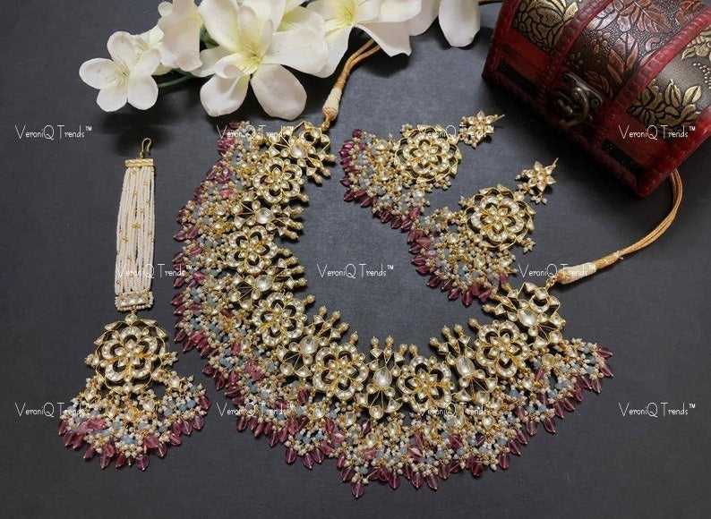 VeroniQ Trends-Rajwadi Style Bridal Gold Plated Pachi Kundan Choker Necklace Pachi Kundan-Gold Plated-Wedding Jewellery-Punjabi Jewellery-South Indian-Thappa Jewellery