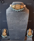 VeroniQ Trends-Traditional Multistrand Gold Plated Sapphire Beads Pachi Kundan Choker Necklace Pachi Kundan-Gold Plated-Wedding Jewelry-Punjabi Jewelry-South Indian-Thappa Jewelry