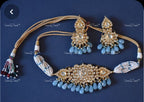 VeroniQ Trends-Traditional Multistrand Gold Plated Sapphire Beads Pachi Kundan Choker Necklace Pachi Kundan-Gold Plated-Wedding Jewelry-Punjabi Jewelry-South Indian-Thappa Jewelry