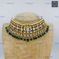 VeroniQ Trends-Rajwadi Style Gold Plated Kundan And Pachi Choker Necklace With Green Beads Pachi Kundan-Gold Plated-Wedding Jewellery-Punjabi Jewellery-South Indian-Thappa Jewellery