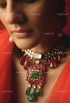 VeroniQ Trends-Gold Plated Red Stone And Pachi Choker Necklace With Green Red Beads Pachi Kundan-Gold Plated-Wedding Jewelry-Punjabi Jewelry-South Indian-Thappa Jewelry