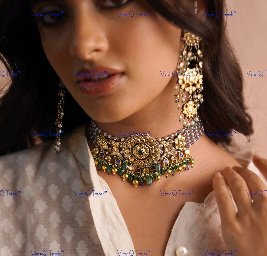 VeroniQ Trends-Gold Plated Multistrand Beaded Pachi Kemp Stone Choker Necklace With Green Beads Pachi Kundan-Gold Plated-Wedding Jewellery-Punjabi Jewellery-South Indian-Thappa Jewellery