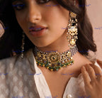VeroniQ Trends-Gold Plated Multistrand Beaded Pachi Kemp Stone Choker Necklace With Green Beads Pachi Kundan-Gold Plated-Wedding Jewelry-Punjabi Jewelry-South Indian-Thappa Jewelry
